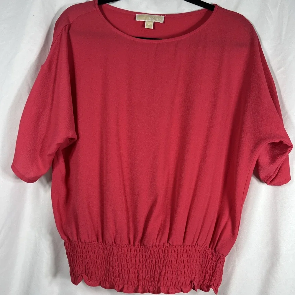 Michael Kors‎ Top Women's Med Rose Scoop Neck Roll Tab Sleeve Sheer Blouse